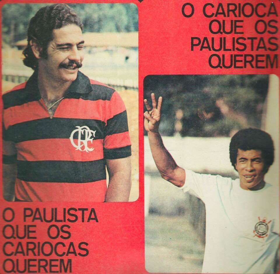 Rivelino (então com um L só) com a camisa do Flamengo e Jairzinho com a do Corinthians