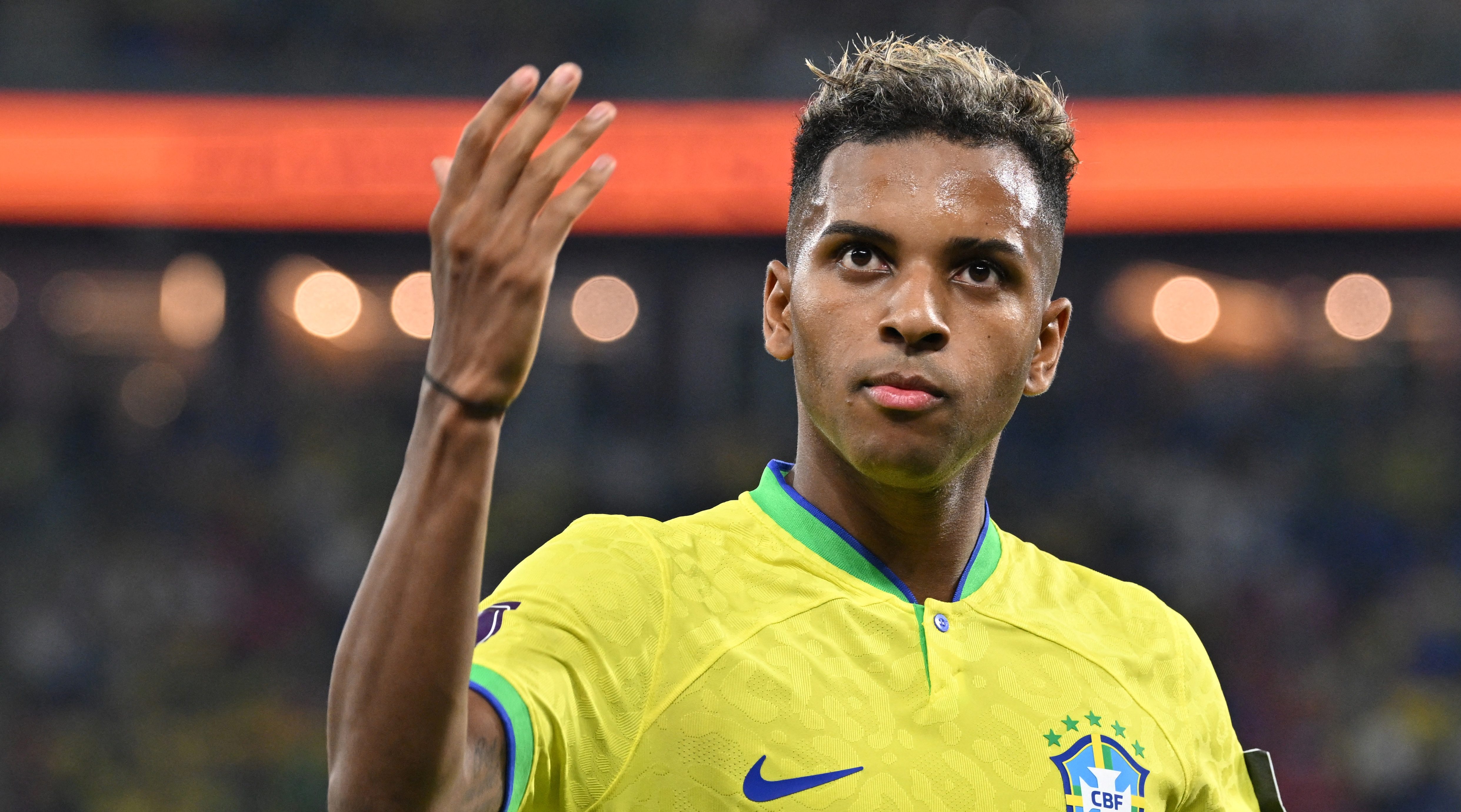 Brazil's forward #21 Rodrygo reacts during the Qatar 2022 World Cup Group G football match between Brazil and Switzerland at Stadium 974 in Doha on November 28, 2022. (Photo by NELSON ALMEIDA / AFP)