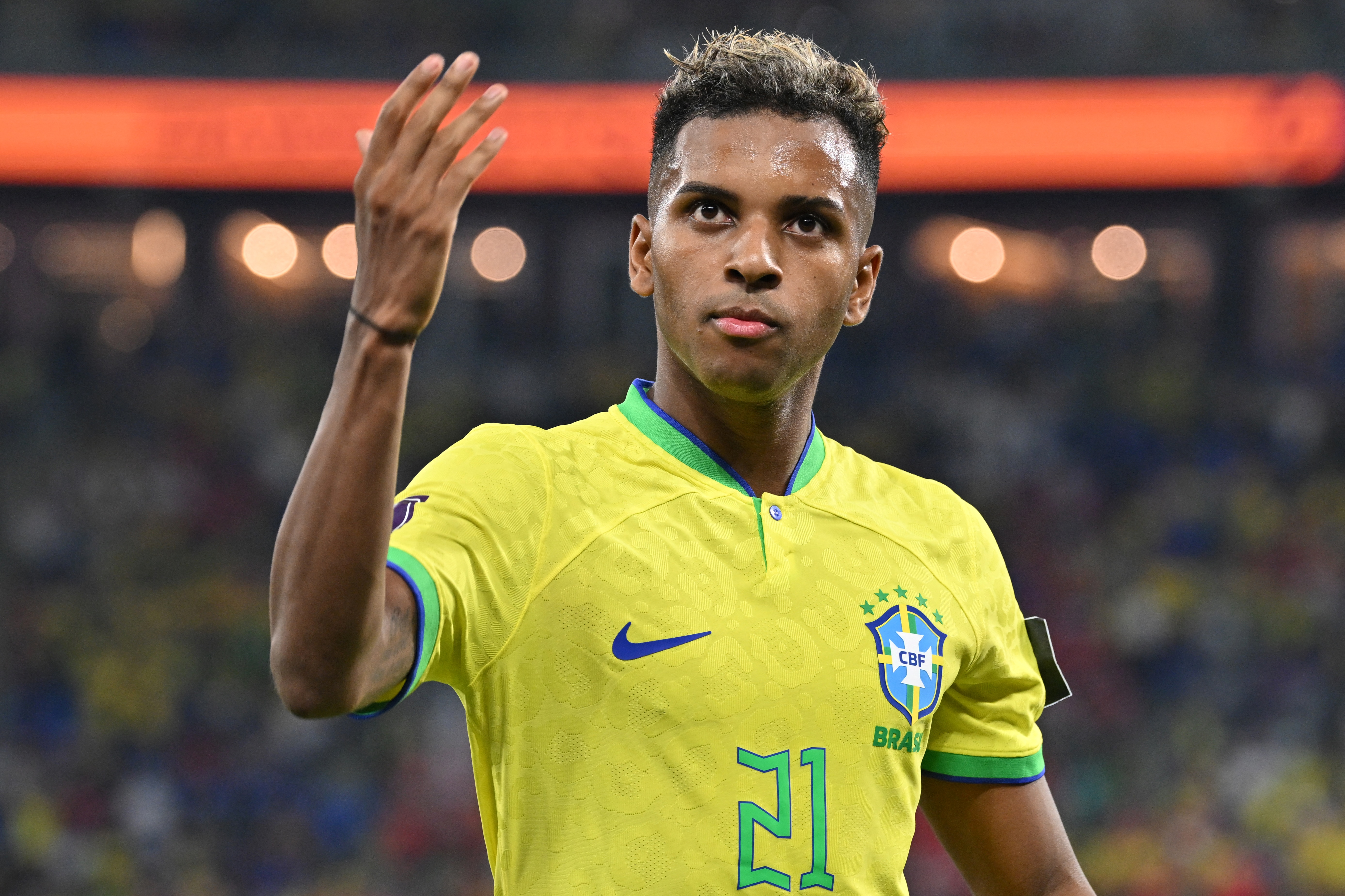 Brazil's forward #21 Rodrygo reacts during the Qatar 2022 World Cup Group G football match between Brazil and Switzerland at Stadium 974 in Doha on November 28, 2022. (Photo by NELSON ALMEIDA / AFP)
