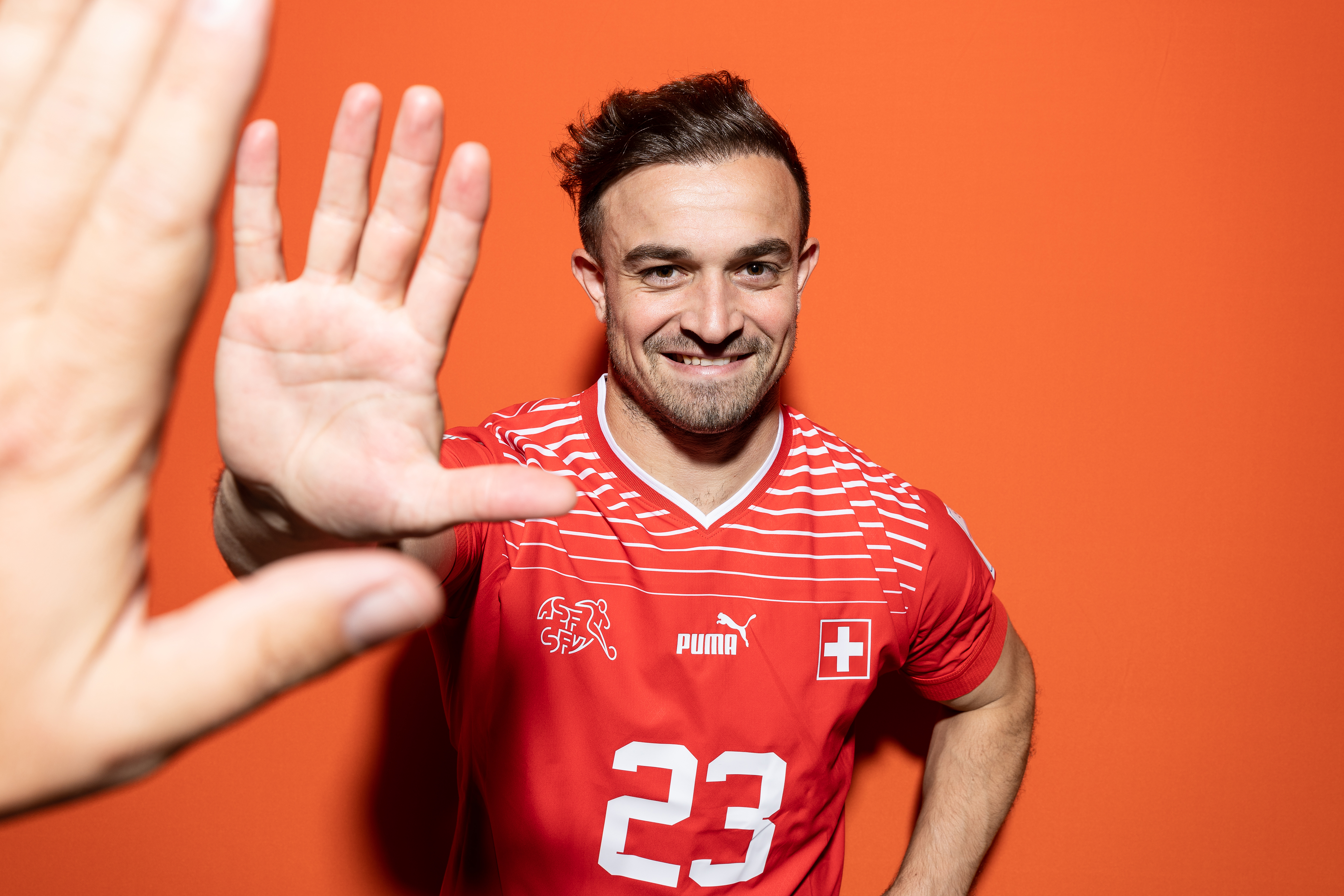 DOHA, QATAR - NOVEMBER 15: Xherdan Shaqiri of Switzerland poses during the official FIFA World Cup Qatar 2022 portrait session on November 15, 2022 in Doha, Qatar. (Photo by Lars Baron - FIFA/FIFA via Getty Images)