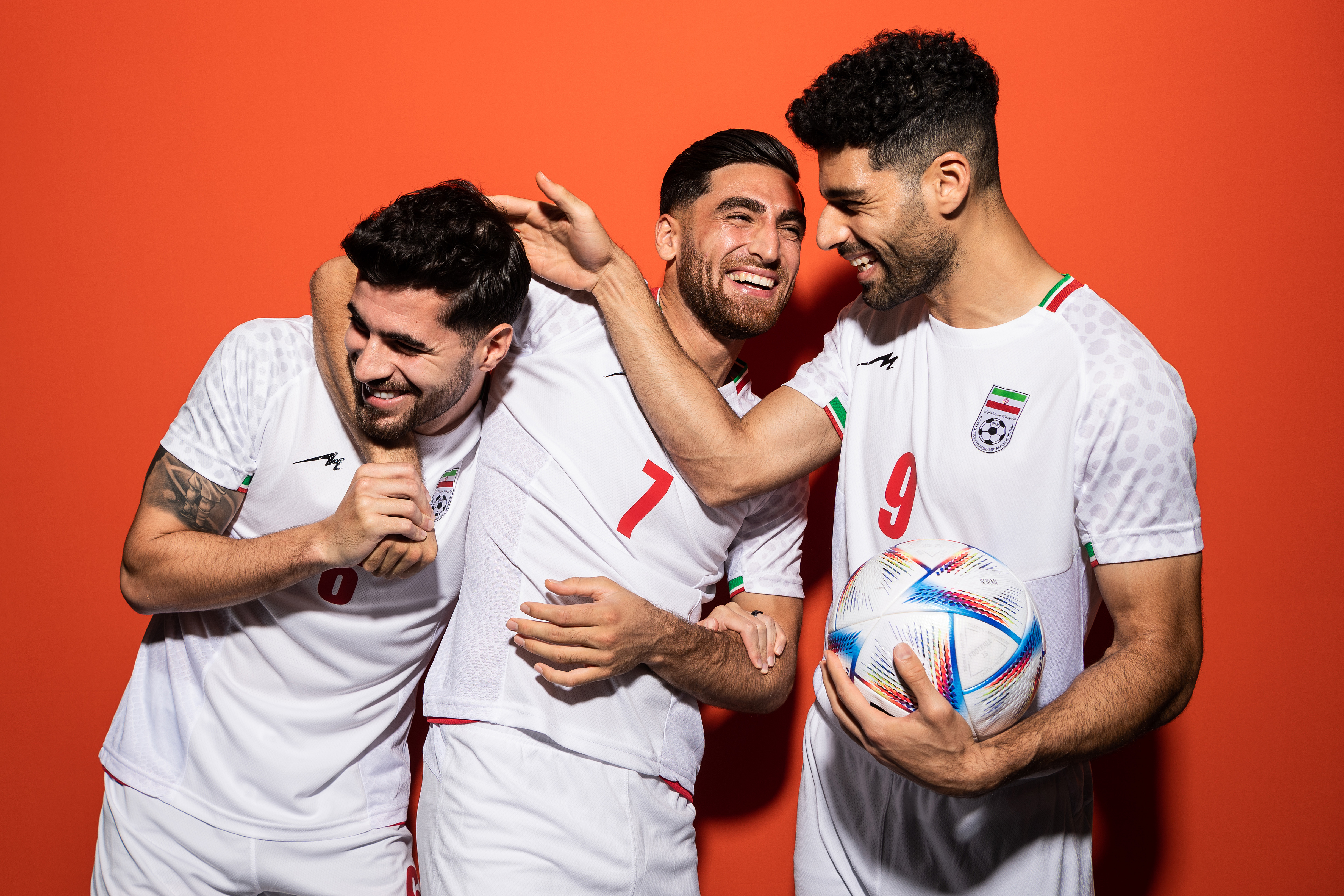 DOHA, QATAR - NOVEMBER 15: Saeid Ezatolahi, Alireza Jahanbakhsh and Mehdi Taremi of IR Iran pose during the official FIFA World Cup Qatar 2022 portrait session on November 15, 2022 in Doha, Qatar. (Photo by Dan Mullan - FIFA/FIFA via Getty Images)