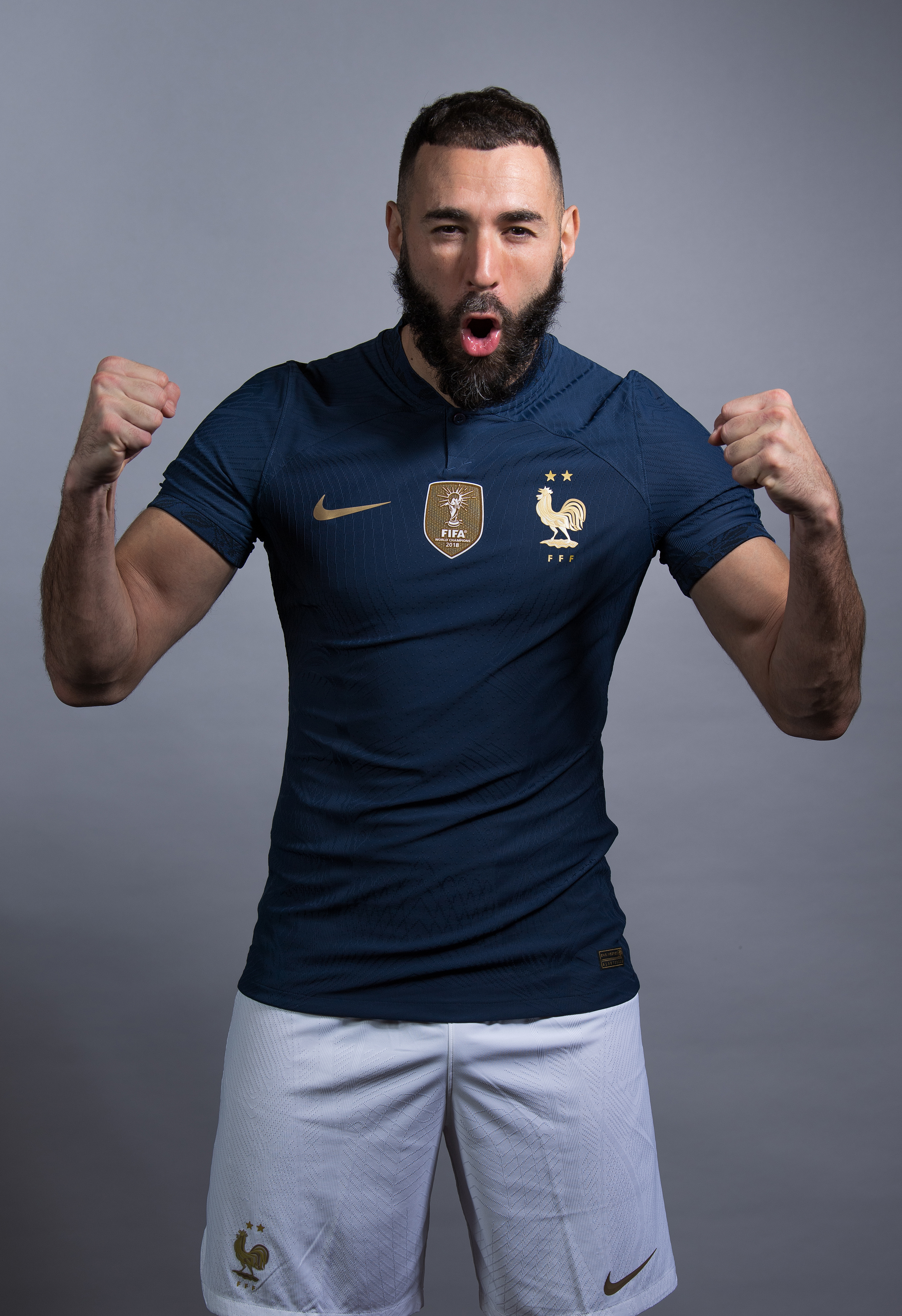 DOHA, QATAR - NOVEMBER 17: Karim Benzema of France poses during the official FIFA World Cup Qatar 2022 portrait session on November 17, 2022 in Doha, Qatar. (Photo by Mike Hewitt - FIFA/FIFA via Getty Images)