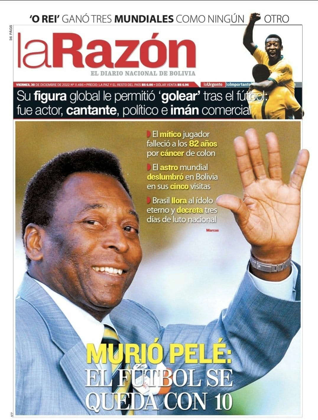 O boliviano La Razón lamentou a morte de Pelé -