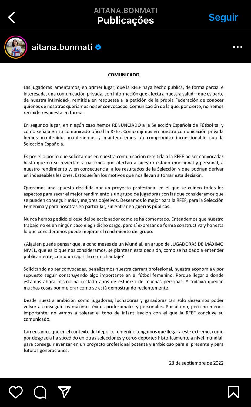 Em setembro passado, jogadoras emitiram nota em conjunto com críticas à Federação Espanhola