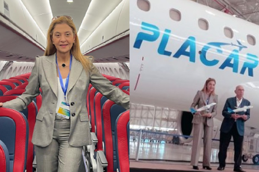Leila Pereira e o avião da Placar Linhas Aéreas