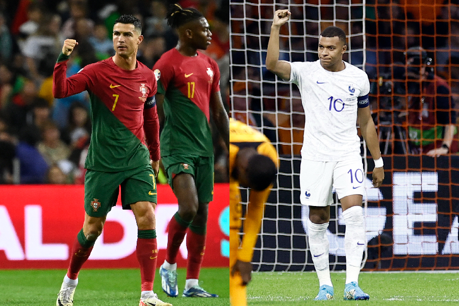 Cristiano Ronaldo, de Portugal, e Kylian Mbappé, da França - Montagem sobre AFP