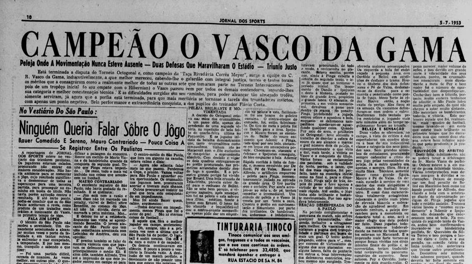 Jornal dos Sports noticiou o título vascaíno - Reprodução/Internet