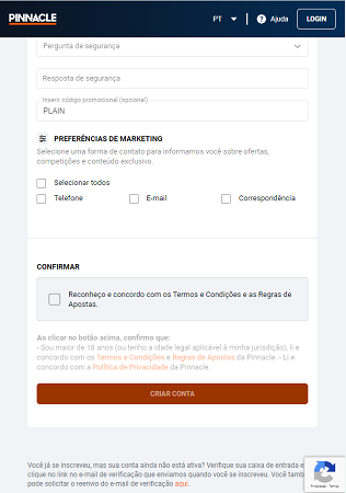 código promocional no cadastro da pinnacle