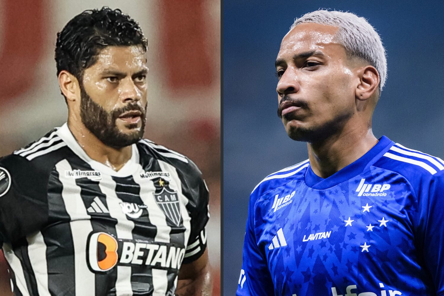 Hulk, Atlético Mineiro, e Matheus Pereira, Cruzeiro - Montagem sobre Pedro Souza e Gustavo Aleixo