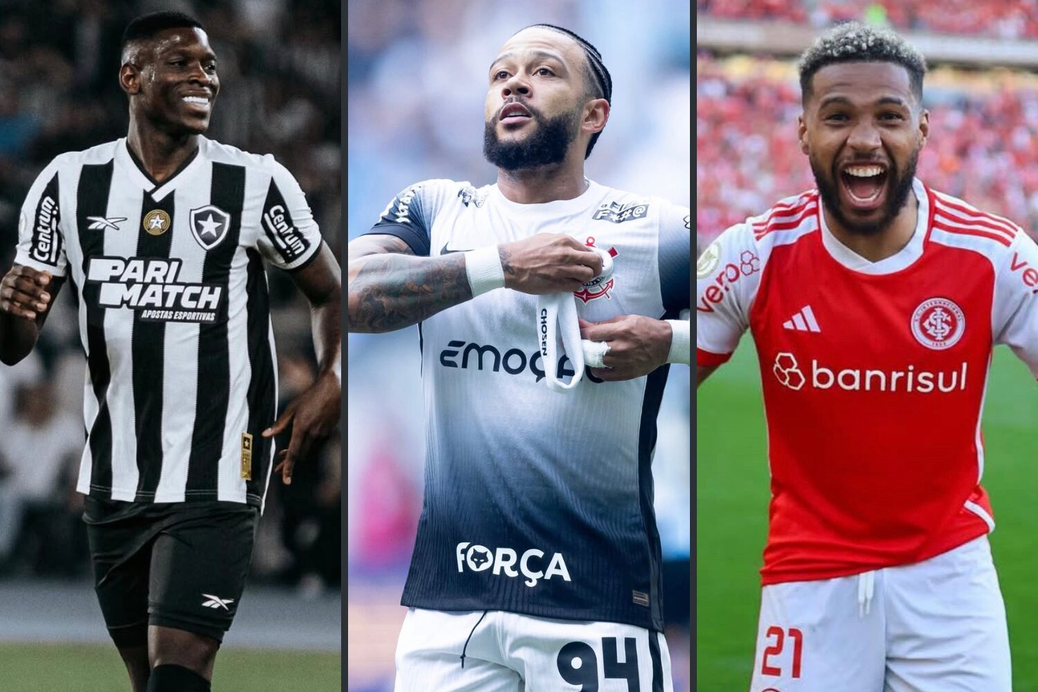 Luiz Henrique, do Botafogo, Memphis, do Corinthians, e Wesley, do Internacional - Montagem sobre Divulgação