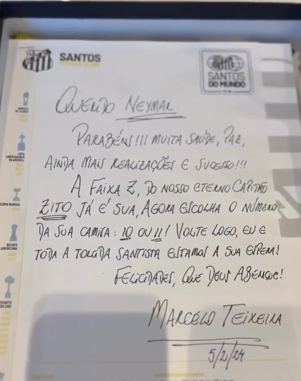 Carta escrita por Marcelo Teixeira para Neymar - Reprodução/Instagram