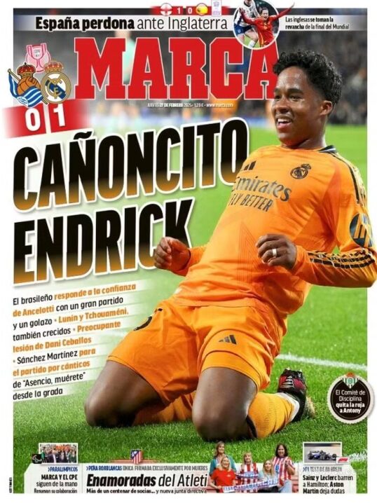 Capa do diário Marca destaca o "canhãozinho" Endrick - Reprodução