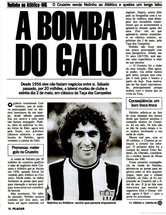 Nelinho, a bomba do Galo, em PLACAR de 23 de abril 1982