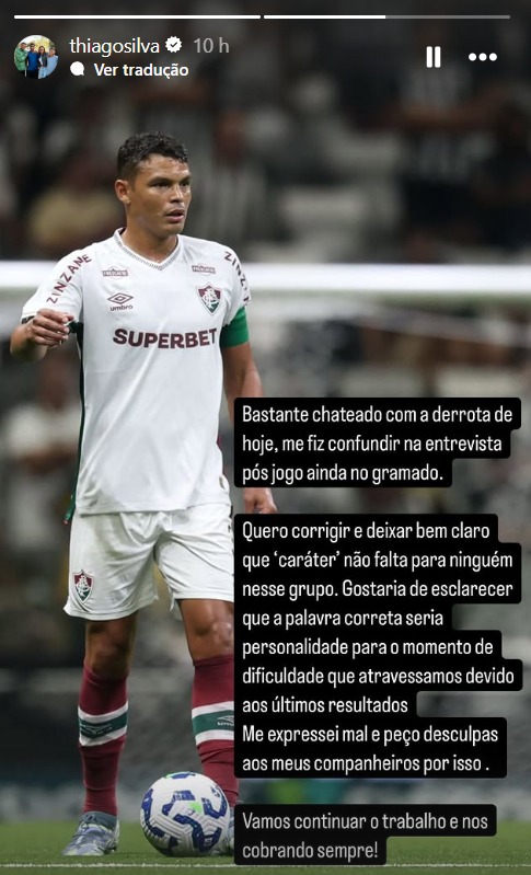 Thiago Silva, zagueiro do Fluminense, pediu desculpa no Instagram - Reprodução
