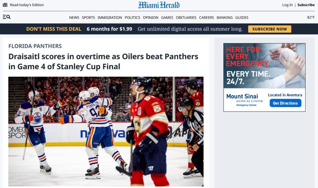 Home principal do Miami Herald com destaque para NHL - Rerprodução