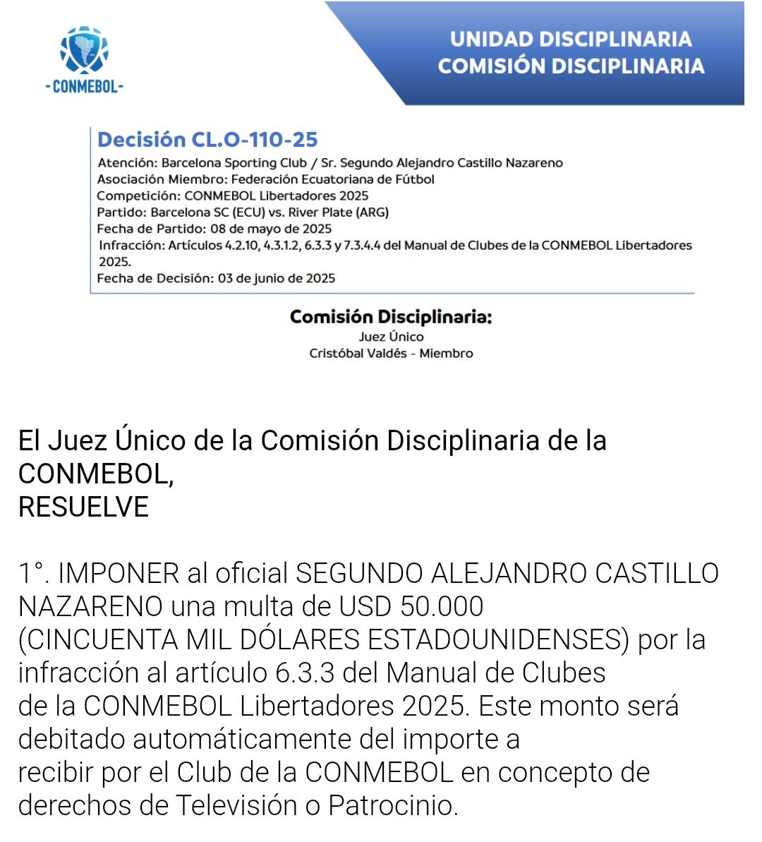 Sanção imposta a Castillo pela Conmebol; multa de R$ 270 mil - Reprodução/Conmebol