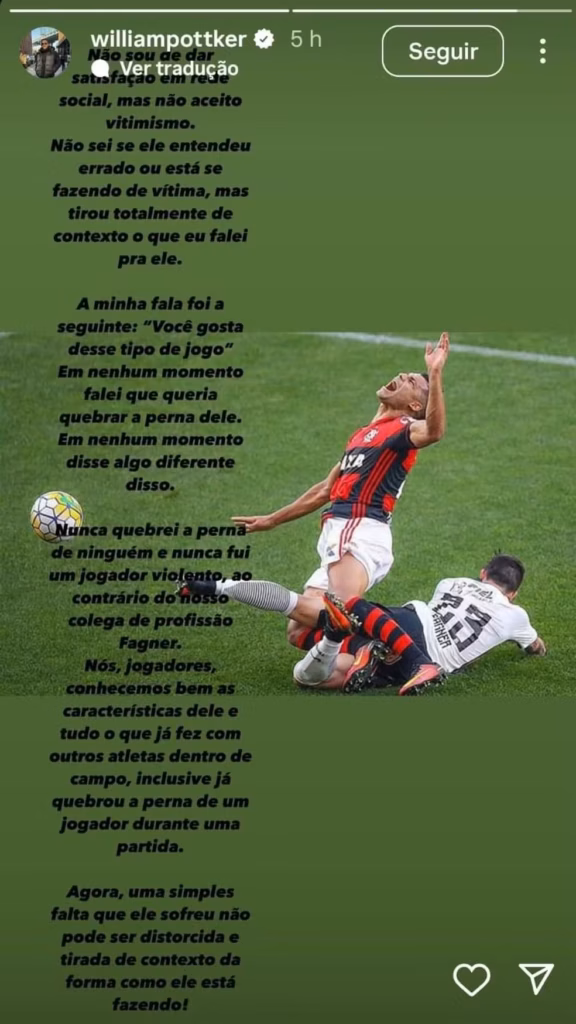 Stories do atacante relembrando lance em que Fagner, ainda no Corinthians, lesiona Ederson do Flamengo - Reprodução Internet