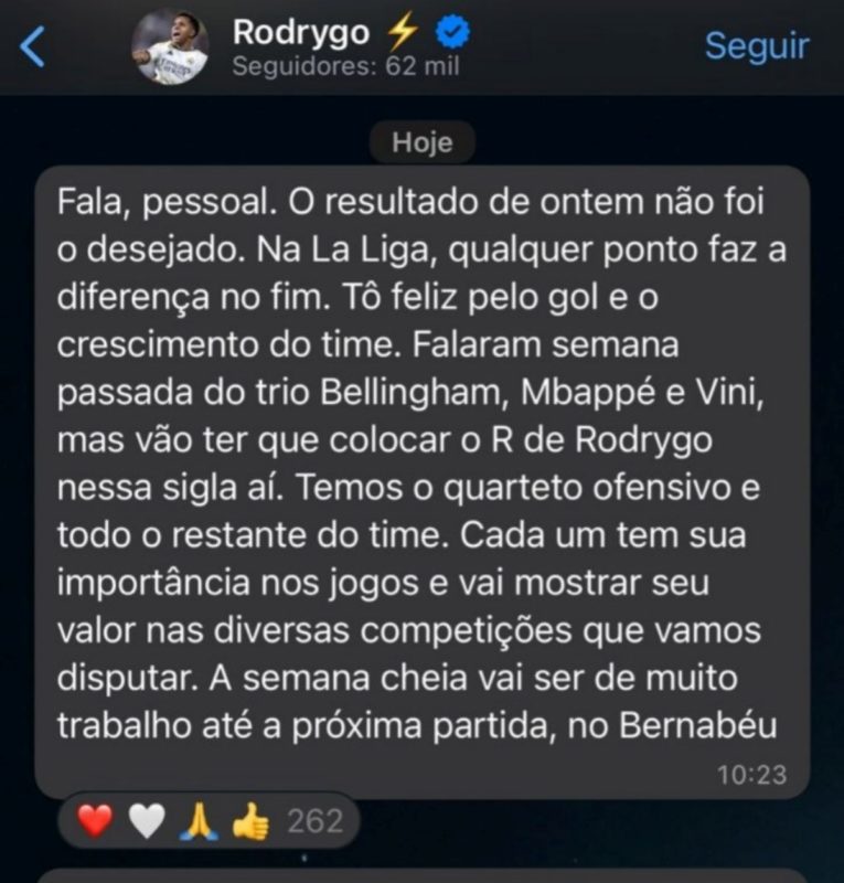 Mensagem do Rodrygo em seu canal do WhatsApp para fãs - Reprodução Internet