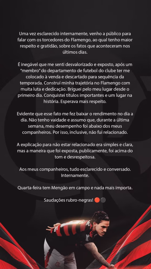Stories postado por Pedro após coletiva de Filipe Luis - Reprodução Instagram
